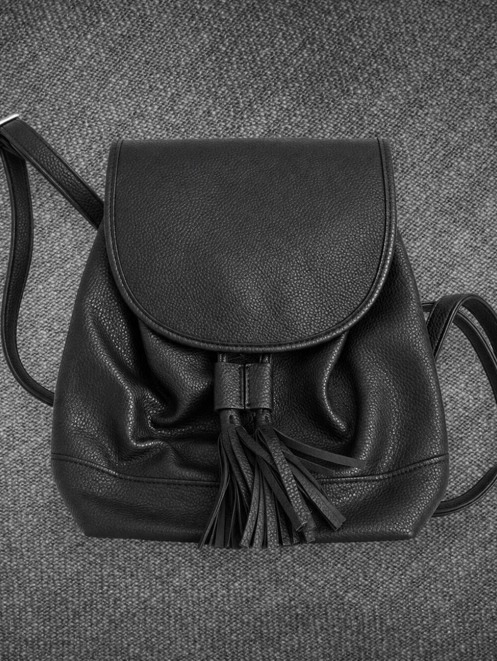 Black Pebbled Tassel Drawstring Backpack Adjustable Straps